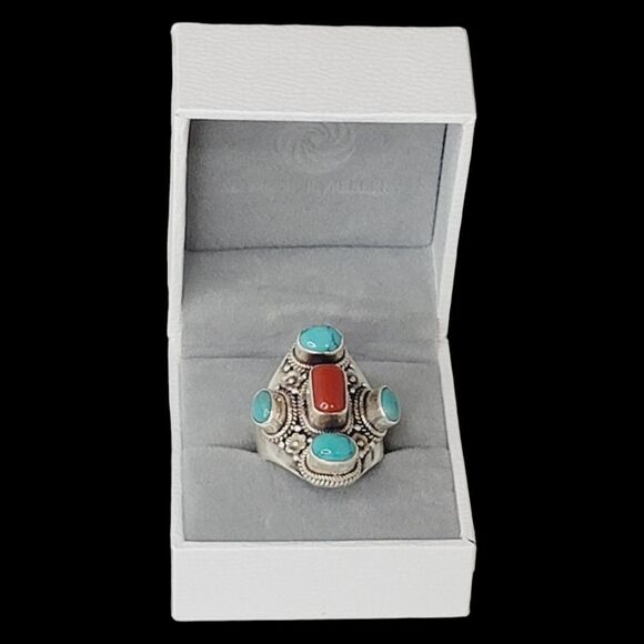 Heavy Native American Turquoise Coral Sterling Silver Ring 9 Adjustable 13.27g - Picture 1 of 11